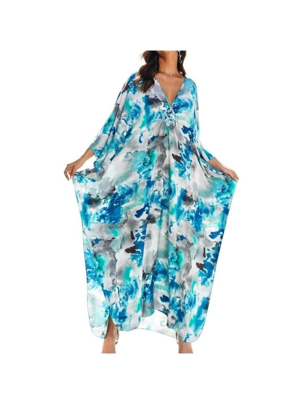 Women's Blue & Gray V-neck Batwing Sleeve Flowy Split Hem Bohemian Kaftan Dress